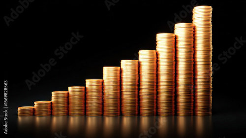Stacks of gold coins arranged in ascending order against a black background, symbolizing financial growth and wealth accumulation.