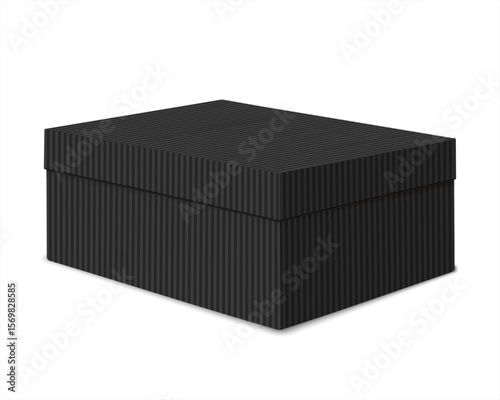 Vector realistic mockup kraft carton gift box. The black cardboard package box for shoes. Realistic 3d illustration of closed box.	