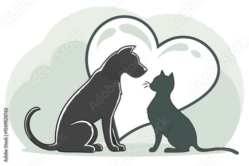 Dog and Cat Hug Heart Silhouettes — Animals Embracing in Heart Shapes with Whiskers & Tail Curls for Gift Merch & Couples