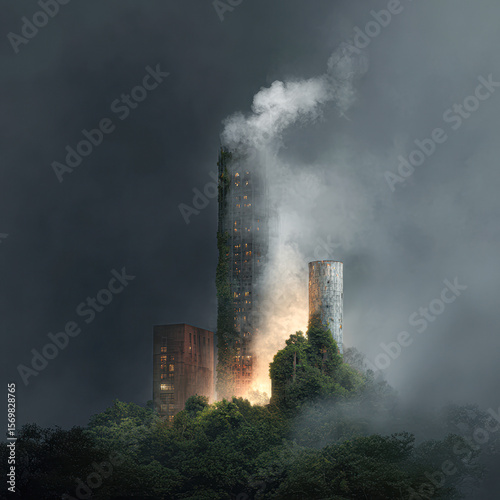 A dystopian cityscape with towering buildings emitting smoke, partially covered in greenery under a dark, foggy sky.