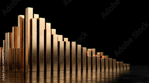 A golden bar chart rises and falls over a reflective black surface, symbolizing data, growth, and analysis in a sleek, modern design.