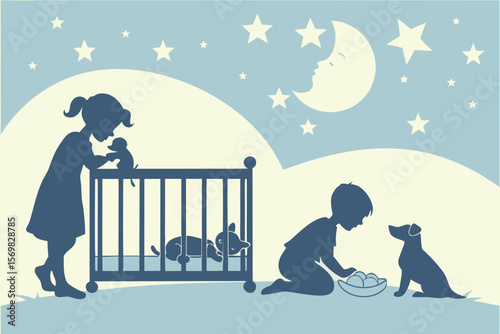 Baby and Pet Silhouettes — Infant with Dog or Cat, Crawling, Sleeping, Cuddling Poses for Nursery Wall Art & Family Gifts