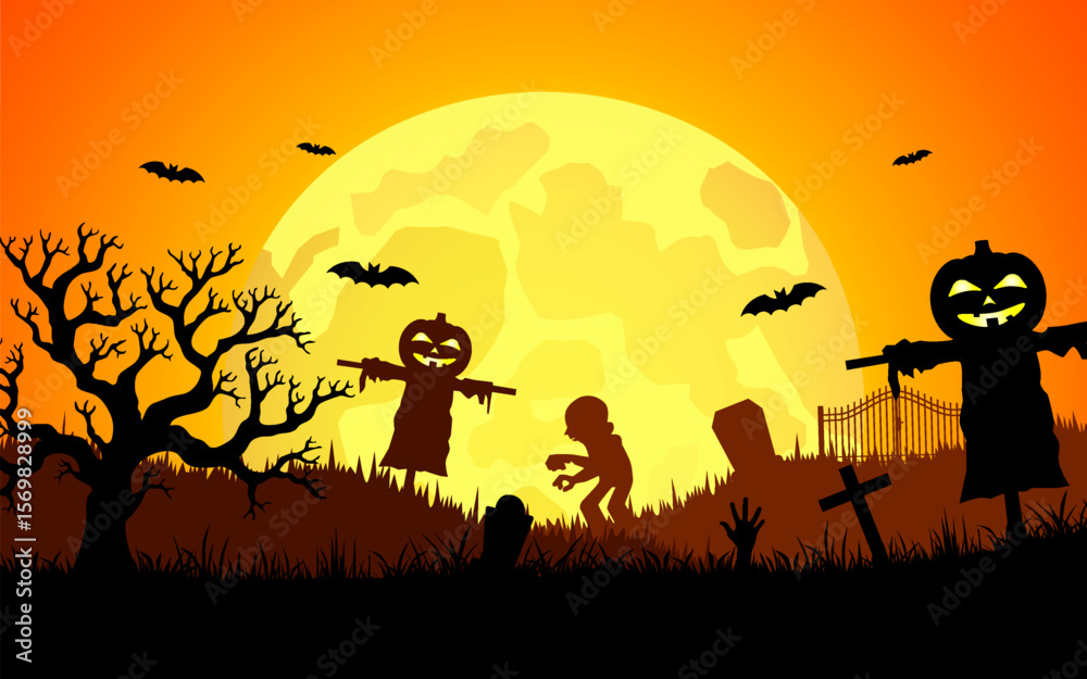 Naklejka premium Halloween background design spooky atmosphere, pumpkin, Halloween silhouette design.