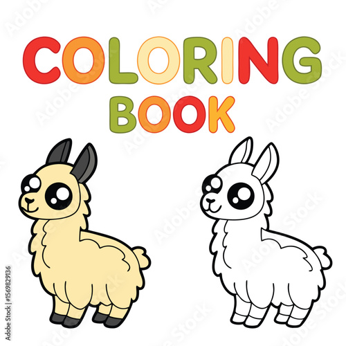 Cartoon Llama Coloring Book Page with Colored and Outlined Animals