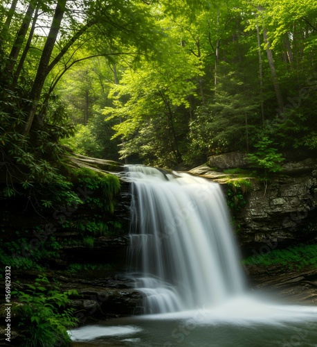 Lush Forest WaterfallA vibrant long-exposure shot of a powerful waterfall cascading into a clear pool, surrounded by lush green foliage and towering trees in a serene forest. The soft, silky water flo