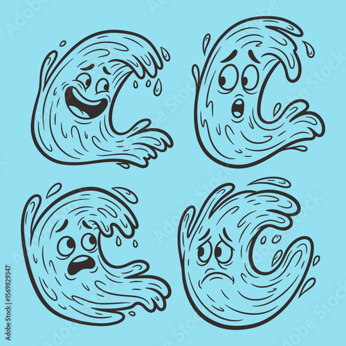 Cartoon Waves Displaying Different Emotions Against a Light Blue Background