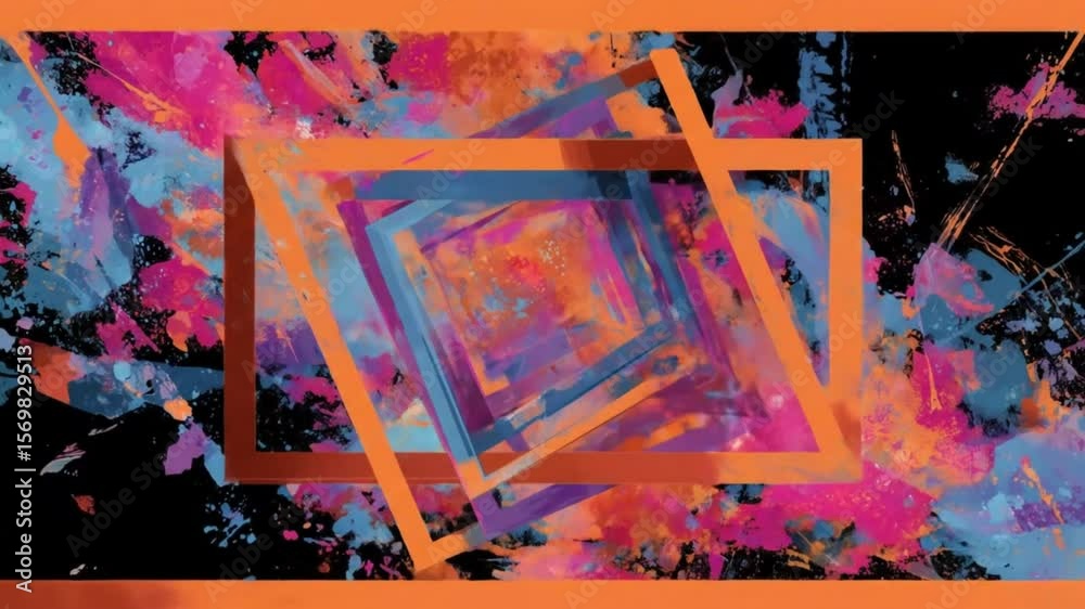 Multiple orange frames, layered and rotated, overlap a background of vibrant, splattered paint in pink, blue, and black.