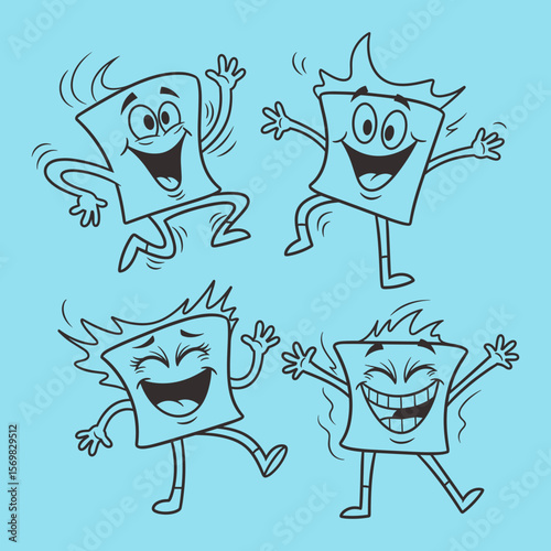 Playful Cartoon Characters Dancing with Joyful Expressions on a Vibrant Blue Background