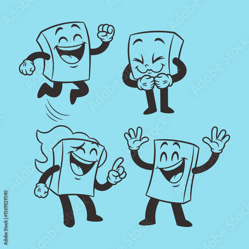 Playful Cartoon Characters Expressing Joy and Laughter in Various Fun Poses on Light Blue Background