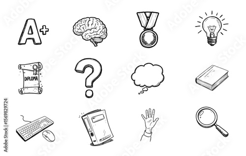 Educational icons including brain, award, light bulb, and book  