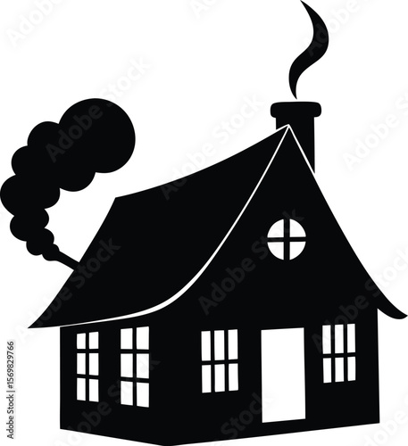 Cozy house with chimney smoke vector silhouette  