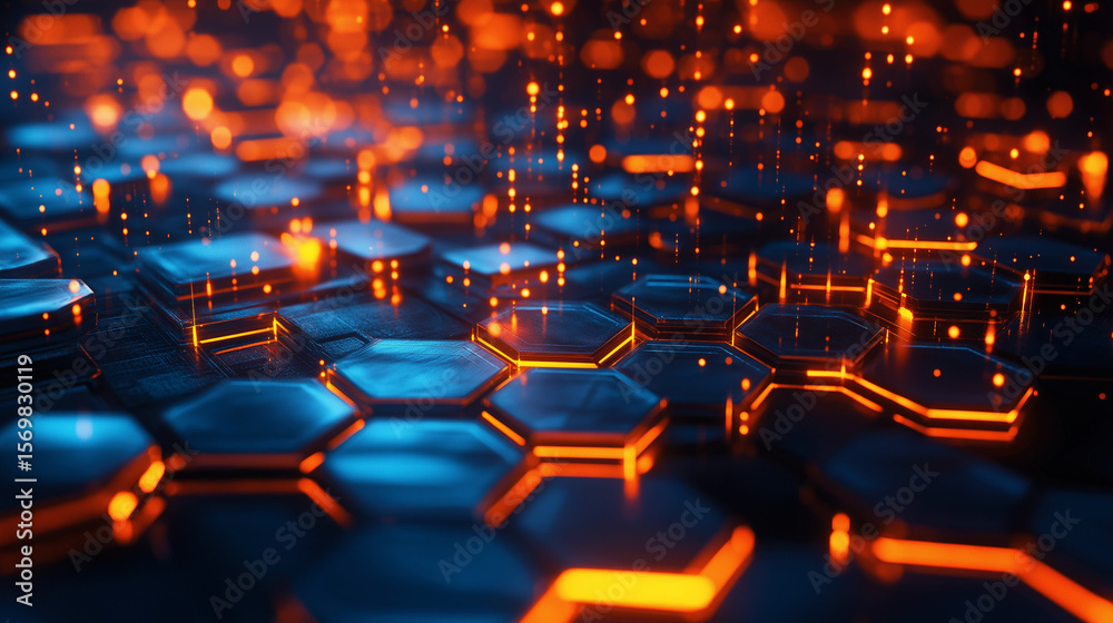 Obraz premium Hexagonal grid glowing orange and blue abstract background