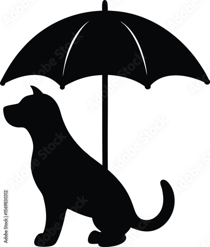 Dog under umbrella vector silhouette  
