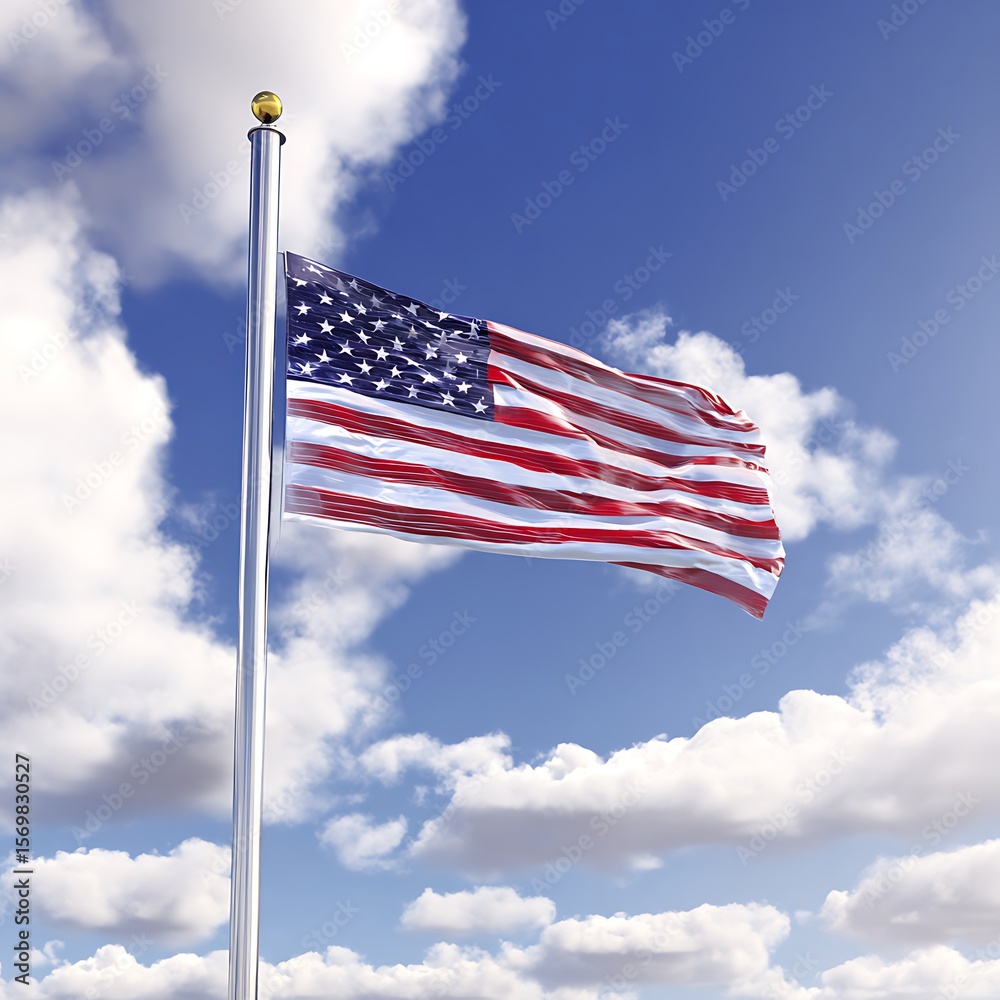 Naklejka premium American flag waving in a clear blue sky.