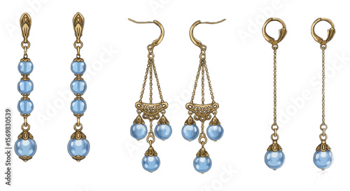 Three pairs of vintage art nouveau style earrings in gold and blue colors depicted for a jewelry collection