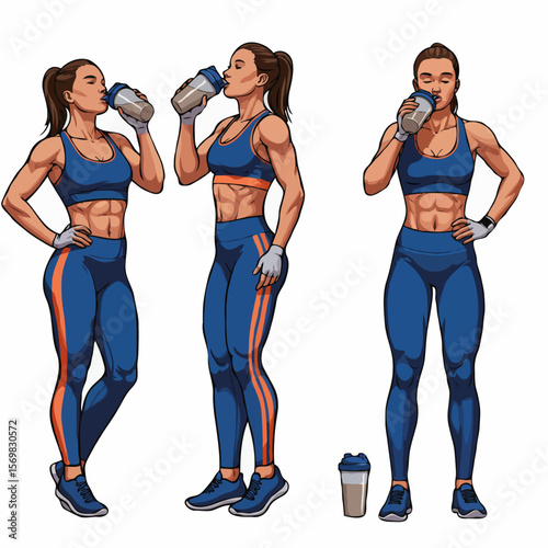 Isolated Images. A muscular young woman in a determined mood drinks a protein shake after a workout isolated on a white background