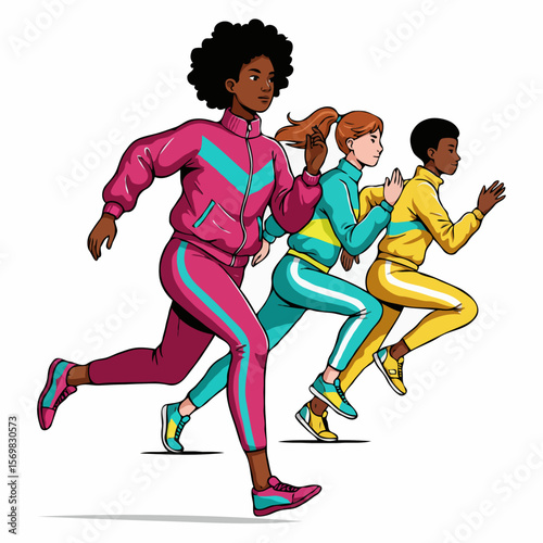 Three diverse women in an energetic mood running a marathon together depicted in a retro style on a white background