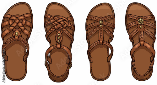 Four pairs of women's sandals in a realistic style in various shades of brown for summer fashion or travel