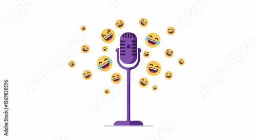 A purple microphone in a flat style in purple and yellow colors used for a comedy show with laughing emojis and space for text