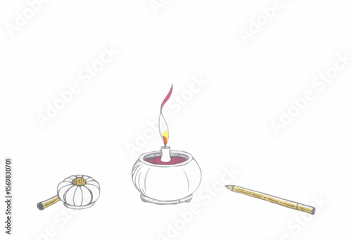 Vintage alcohol lamp in sketch style in pastel colors depicted with a flame for scientific experiments or writing with spaces for text