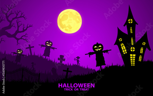 Spooky Halloween night with haunted house and pumpkins. Vector illustration.