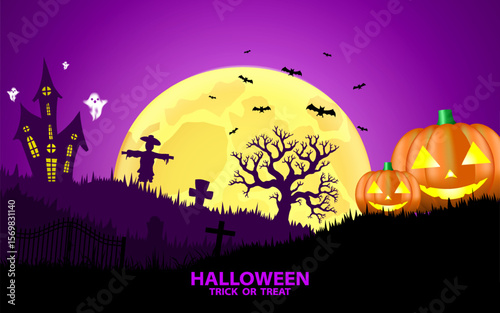 Flat design hand drawn spooky halloween graveyard and pumpkin silhouette background. Vector illustration.