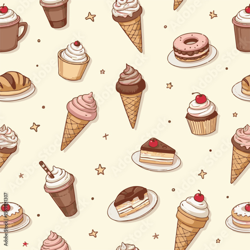 Seamless cartoon pattern with cakes cupcakes and sweet desserts in vector style