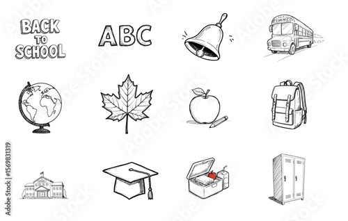 Back to school themed doodles including globe, apple, and backpack  