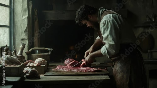 A butcher in a rustic kitchen, meticulously cutting meat on a wooden board