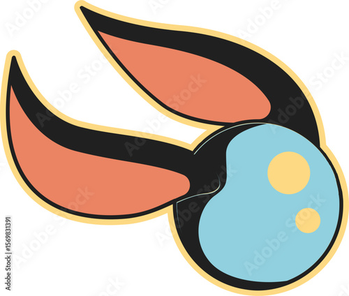 Stylized illustration of a whimsical creature with vibrant, curved appendages and a speckled orb body