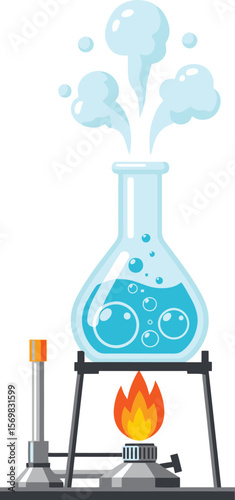 A chemical reaction in a flask boils vigorously over a Bunsen burner.