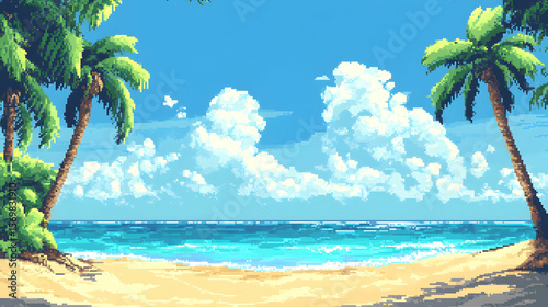 Retro pixel art beach scene with palm trees and ocean waves under blue sky