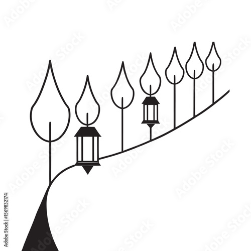 Lanterns Lighting Forest Path Outline
