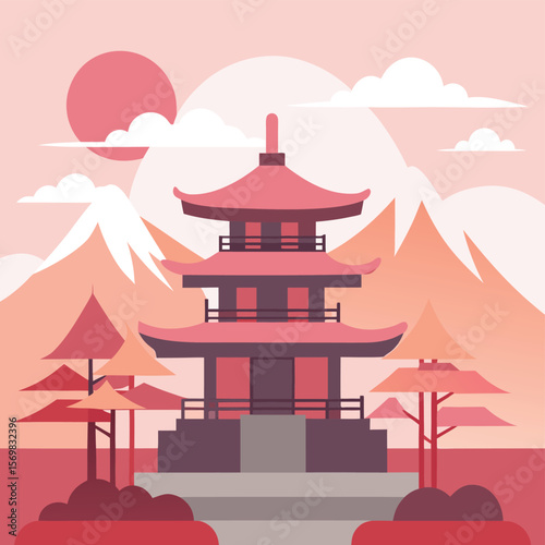 Japanese Pagoda Landscape with Mountains and Sun Flat Design