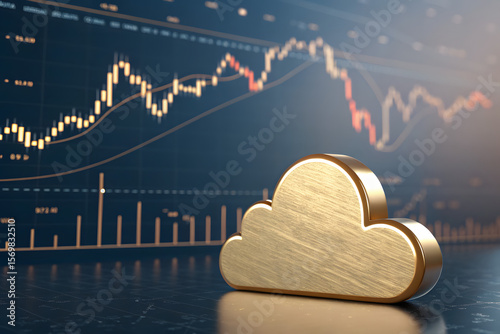 Golden cloud symbol against a blurred financial stock market graph background.