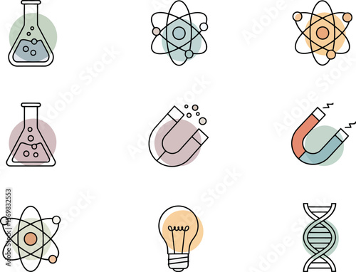 Collection of various science-related icons, including atoms, flasks, and magnets.