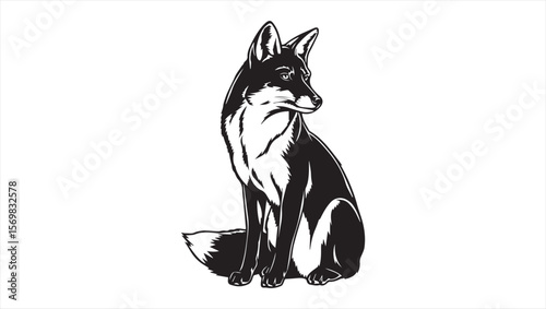 A simple black and white drawing of a fox sitting on its haunches