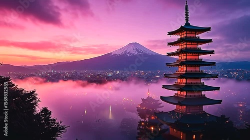Serene sunset view of a pagoda near Mount Fuji, with mist enveloping the valley below