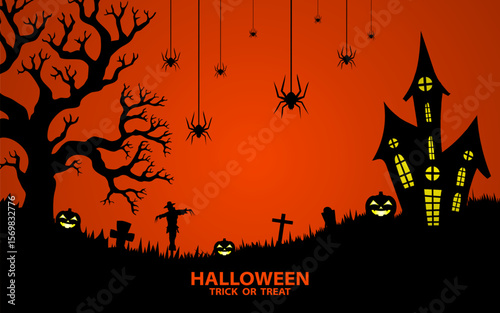Halloween Trick or Treat Banner with Pumpkins, and spooky Halloween decorations on the background. Perfect for Halloween banner or poster.