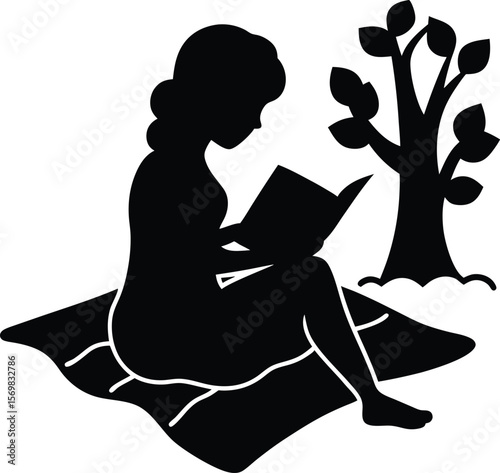 Girl reading book on blanket in park vector silhouette  