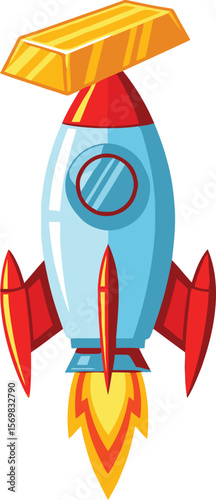 A cartoon rocket ship carrying a gold bar, taking off with flames.