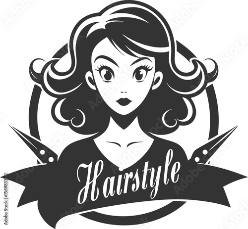 Stylized woman with curly hair and scissors hairstyle