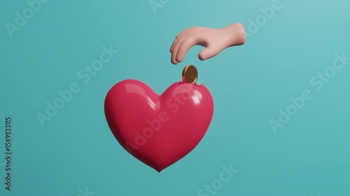 3D animation cartoon hand putting coin to donation box, concept of donorship, life saving or charity. Sincere devotion to faith. Donation box and love concept. Charities and volunteer. World good day.