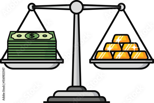 A balanced scale weighs stacks of cash against gold bars, symbolizing financial equivalence.