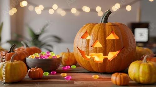 Photograph of a Halloween-themed scene featuring a carved pumpkin with a jack-o'-lantern face, glowing from the inside, placed on a wooden surface