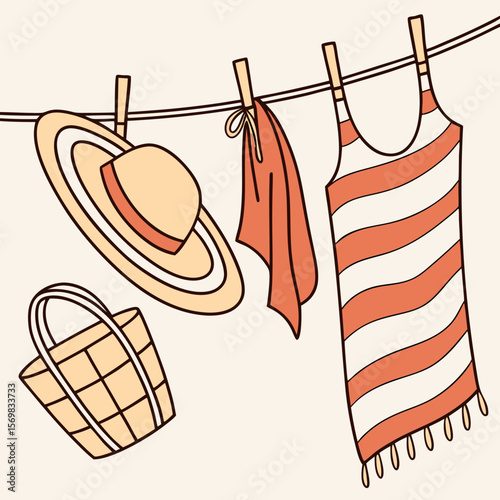 Summer beach accessories dried on a rope. Straw hat, woman one piece swimsuit and blanket hanged wet with clothespins. Summer theme vector illustration in ink doodle hand drawn line art style