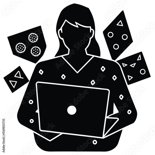 Silhouette of Woman Working on Laptop Amidst Information Overload Digital documents and Notifications Creating a Stressful and Chaotic Atmosphere