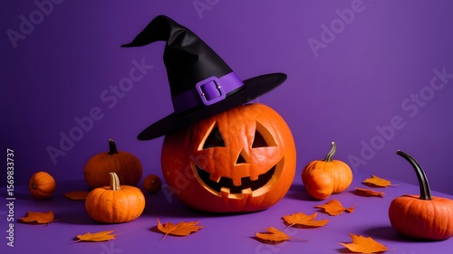 A photograph of a Halloween-themed jack-o'-lantern bucket filled with colorful candy, sitting on a purple surface against a purple background.