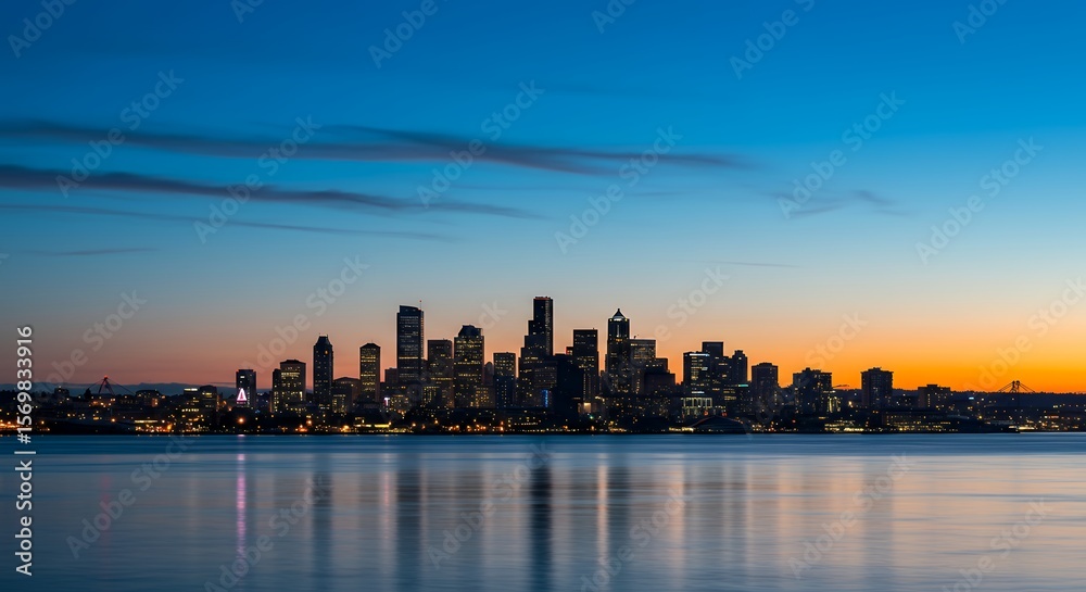 Fototapeta premium City Skyline at Dusk with Water Reflection