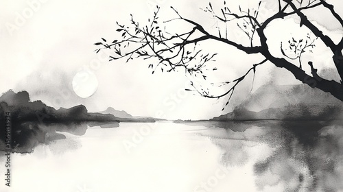 A Japanese ink wash with minimalist watercolor aesthetics.